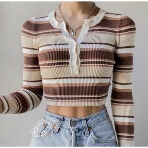 Urban Outfitters Henley Top Size XS Brown Cream Ribbed Striped Cropped BabyT y2k
